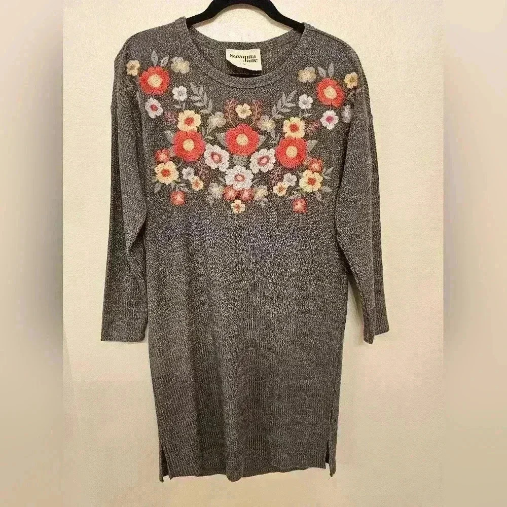 Savanna Jane Ribbed Knit Dress Women Medium Gray Floral Embroidered Boho